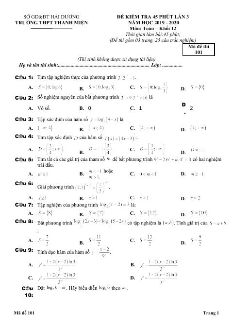 Đề kiểm tra 45 phút lần 3 Toán 12 năm 2019 – 2020 trường Thanh Miện – Hải Dương (bản Word)